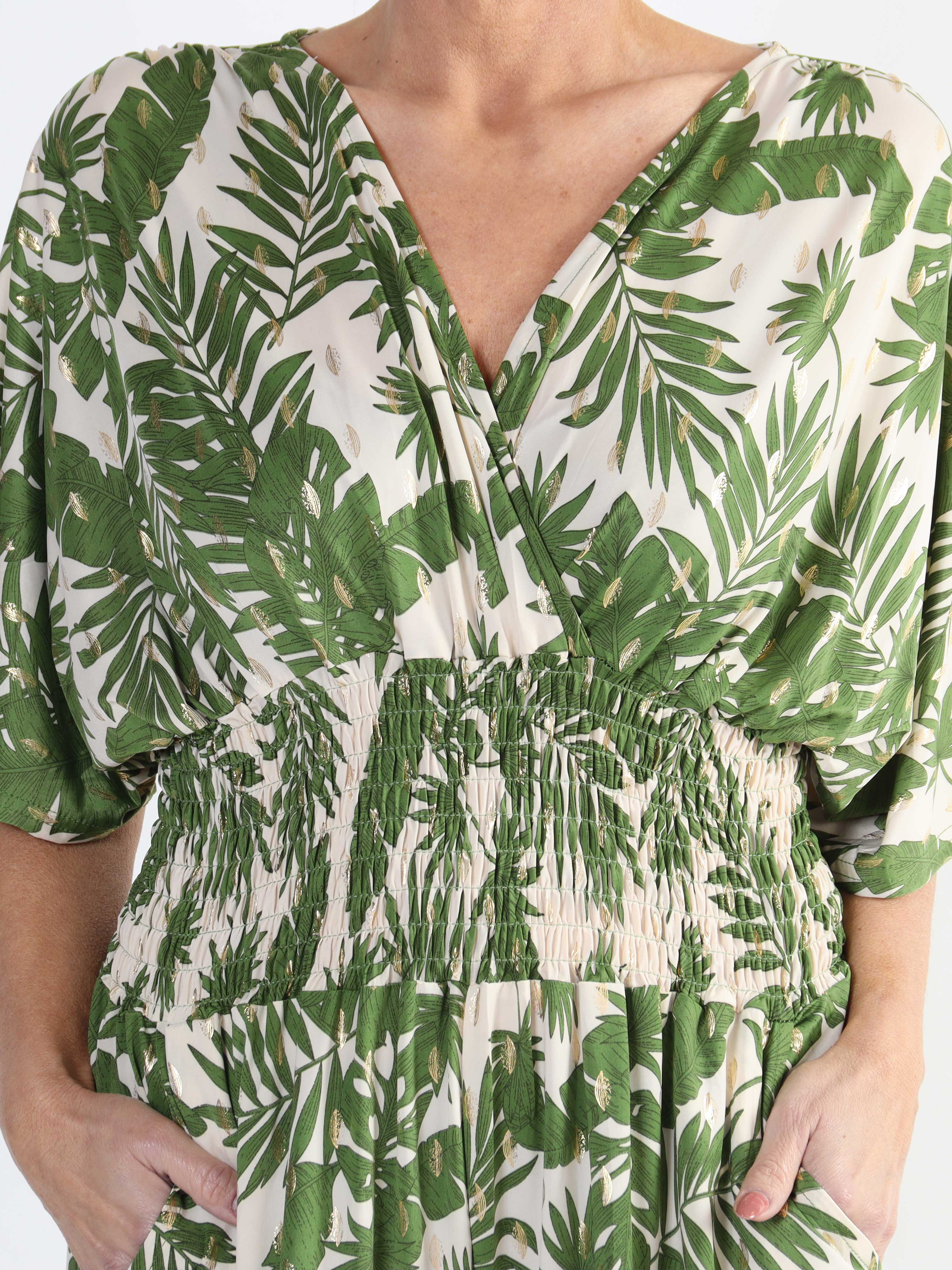 Pams Gold Leaf Jumpsuit - Elastisk plus size buksedragt med bladmønster